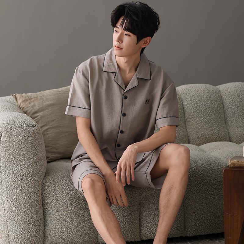 Новый летний тонкий хлопковый мужской пижамный комплект с коротким рукавом, кардиган, однотонная мужская пижама, домашняя одежда, топы и шорты, комплект из 2 предметов для сна