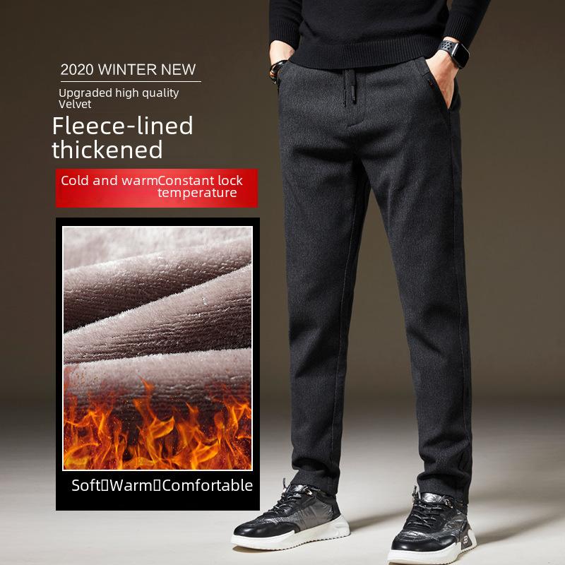 Осенние и зимние повседневные брюки из плюша и толстой ткани для мужчин, теплые хлопковые брюки, универсальные осенние брюки, носят с плюшем снаружи