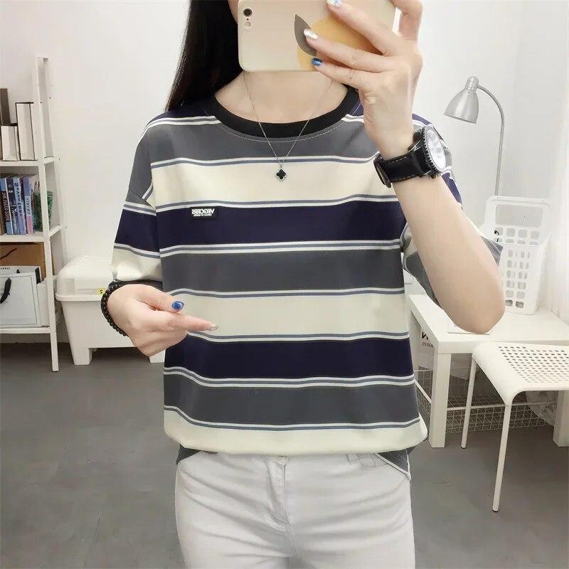 Женский летний этнический винтажный топ с короткими рукавами, полосатый круглый вырез, короткий рукав, большой размер, свободный пуловер