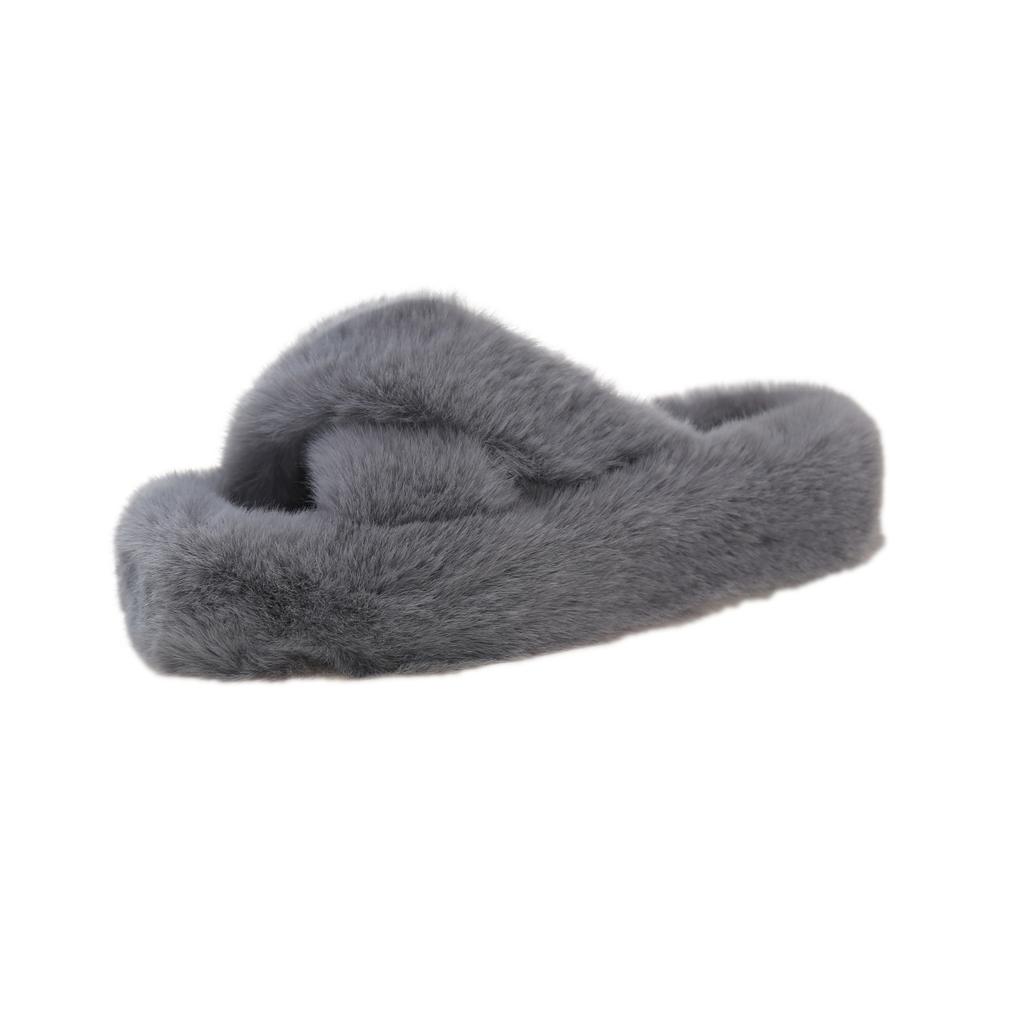 Foreign trade large size 2025 autumn and winter new flat-bottomed fluffy slippers women's cross household thick-soled outer wear one-word cotton sl