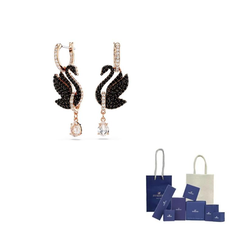Swarovski Swan Drop Earrings Swan/Black/Rose Gold-tone Plated