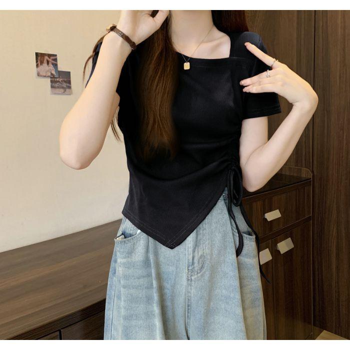 Футболка с короткими рукавами и неровной завязкой, женская летняя, большого размера, Fat Mm Thin Covering Meat Chic Sweet and Spicy, короткий топ с квадратным воротником