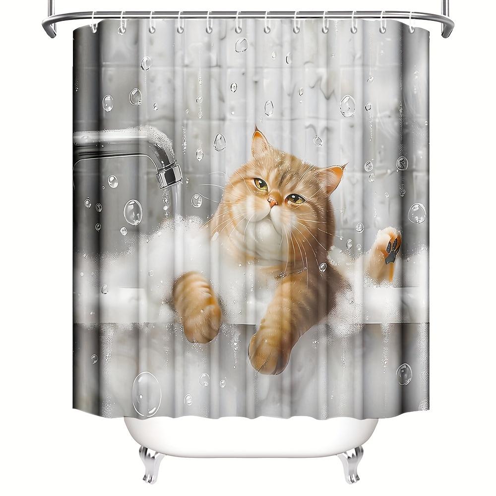 1Pc Shower Curtain - Adorable Orange Cat In A Bathtub With Bubbles And Water Drops Design Waterproof