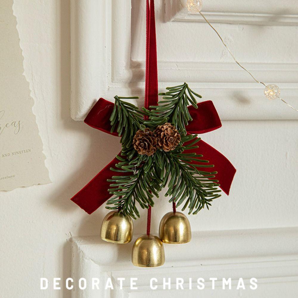 Green Christmas Chime Bell Wreath Pine Cone Bell Pendant  Home Door Decorations