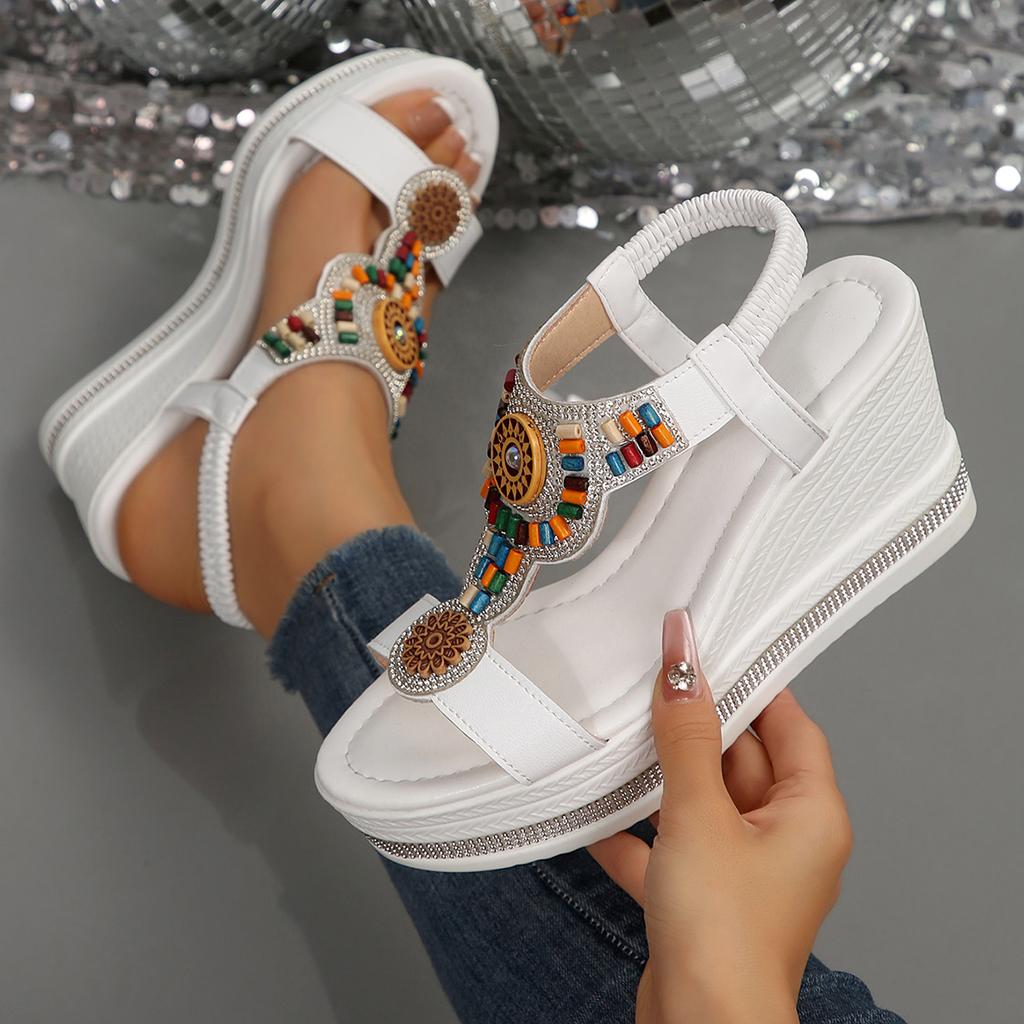 Модные женские сандалии Богемный стиль Толстая подошва Клиновидные сандалии Женские летние Ретро Массивные сандалии на платформе Большой размер Пляжная обувь Женская