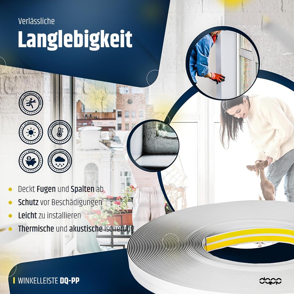 DQ-PP WINKELLEISTE - 15m Länge - 15x15mm - 1.5mm Stärke - Weiss - Fensterleisten Knickwinkel Eckleiste Abschlussleisten selbstklebend