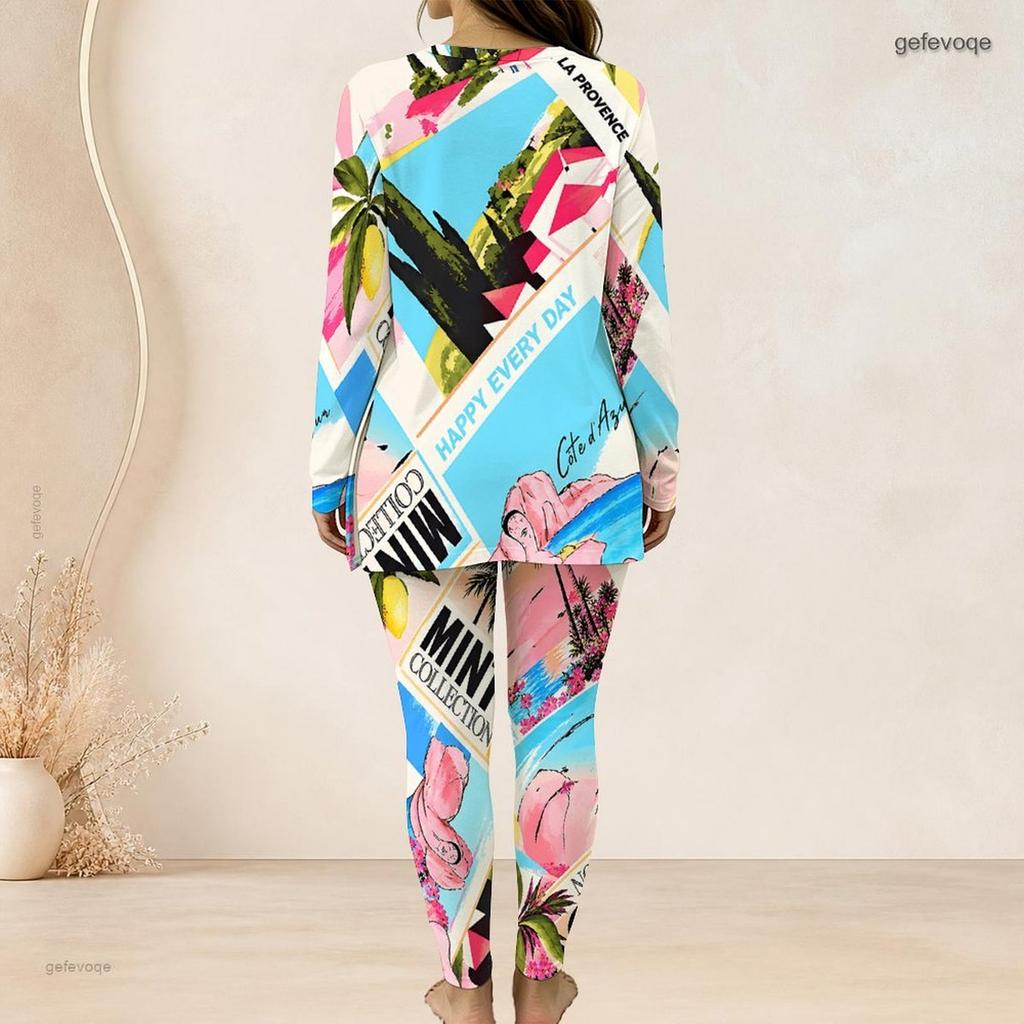 Women Plus Size Blue Green Printed Long Sleeve Front Zip Longline Top And Fitted Pants Two Piece Set