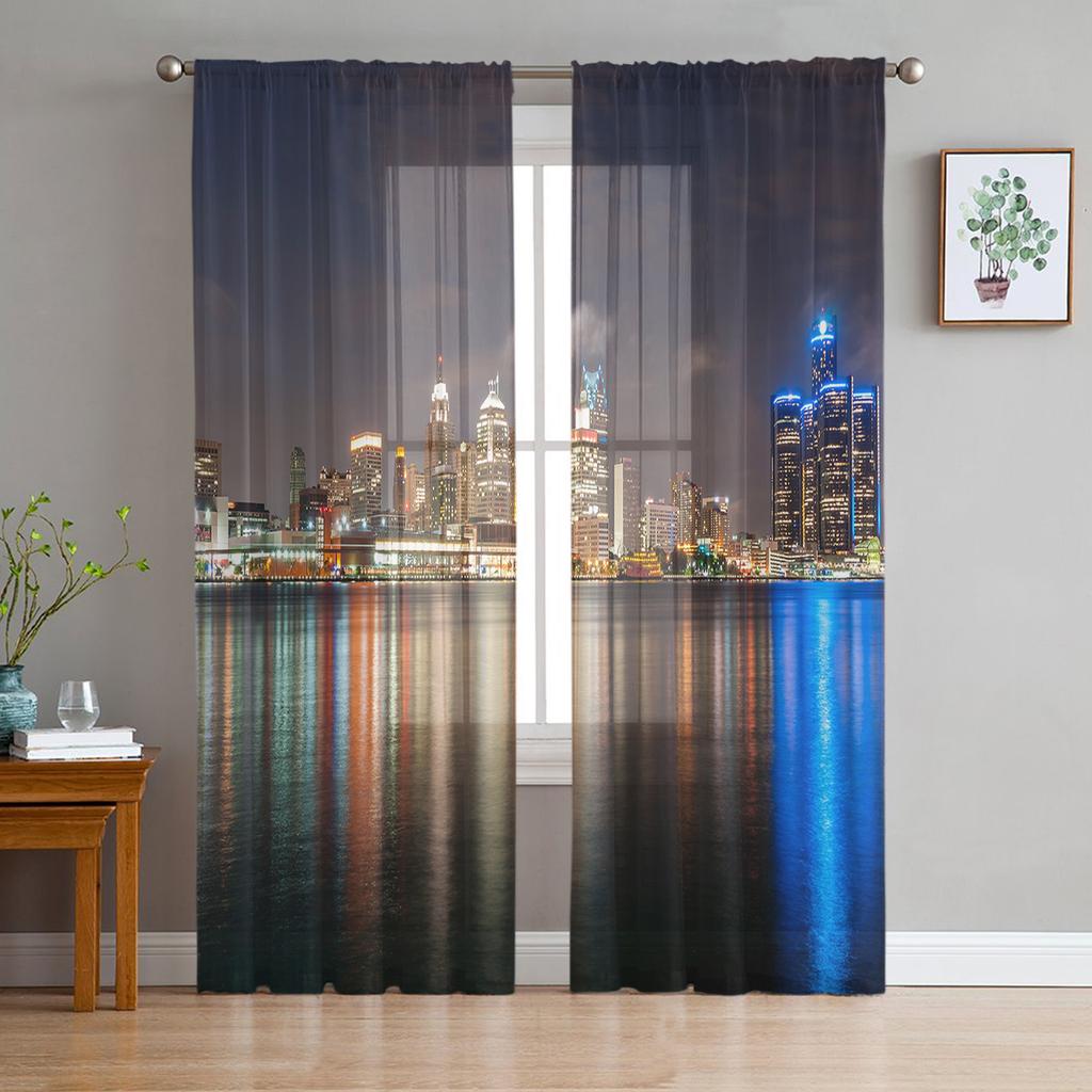 Nightscape Of American Cities Chiffon Sheer Curtains for Living Room Bedroom Home Decoration Window Voile Tulle Curtain Drapes