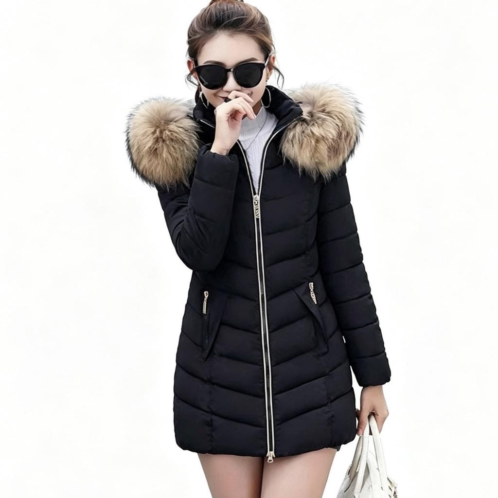 Simple pressed line medium and long cotton-padded jacket women's big fur collar slim-fitting cotton-padded jacket, waist and thin women's autumn