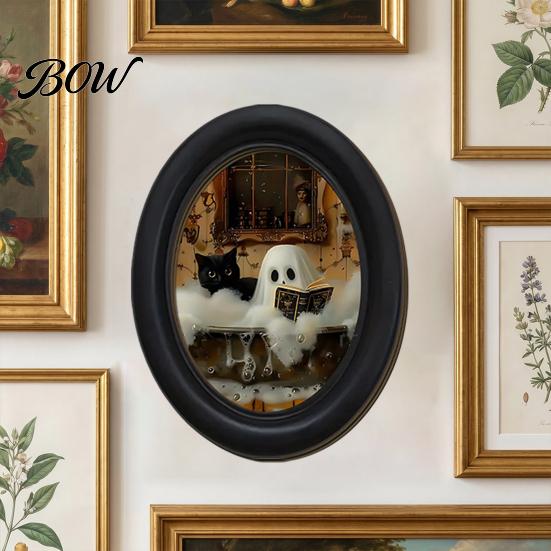 Gothic Farmhouse Decor Halloween Wooden Door Hanging Sign, Oval Black Cat Ghost Wall Plaque, Retro Painting Waterproof Art for Entryway Bedroom Cafe,