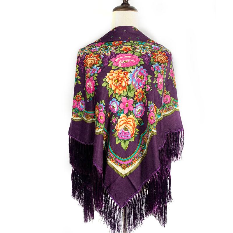 135*135Cm Russian Square Scarf Women Luxury Floral Print Bandana Handkerchief Ukrainian Fringed Shawl Babushka Hijab Head Wraps