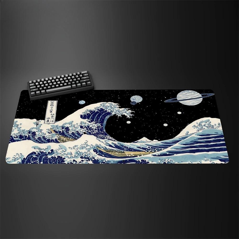 Alfombrilla De RatN Xxl De 90x45cm DiseO De Olas Gigantes En Blanco Y Negro Antideslizante De Cuero Para Juegos Anime Es