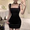 Летнее черное платье-сарафан для миниатюрных женщин с бантом и юбкой на бедрах - Французский сексуальный стиль