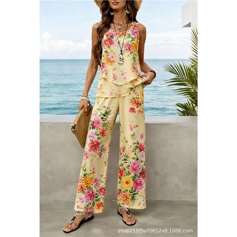1116 European and American bohemian women's sleeveless printing suit, suitable for daily wear, vacation sleeveless cover