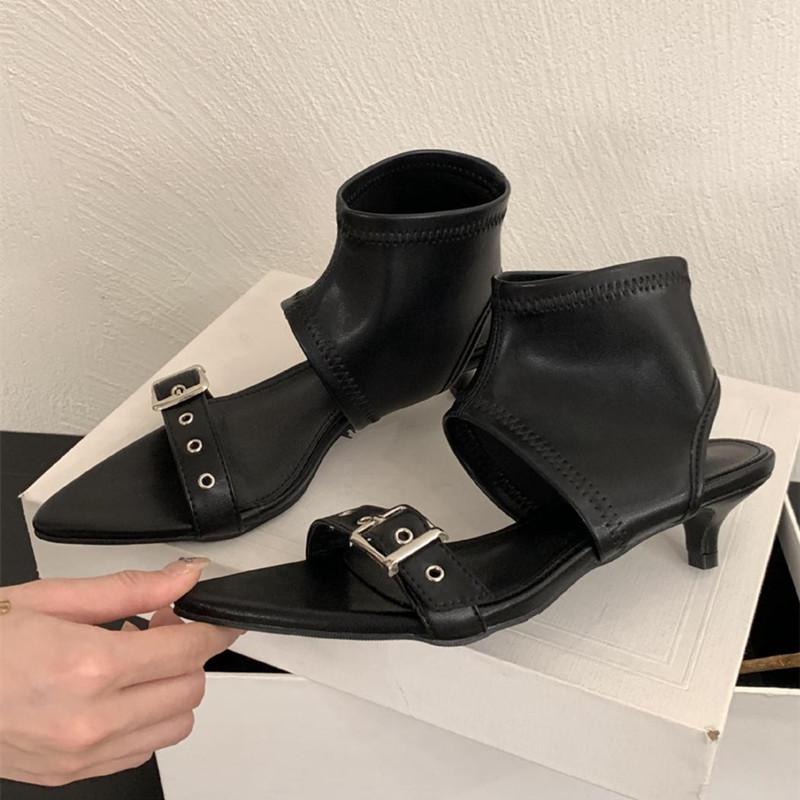 Fashion Fashion Pointed Toe Metal Buckle Brand Modern Boots Women Sexy Open Toe Kitten Heel Design Summer Boots Elegant Women Ankle Boot