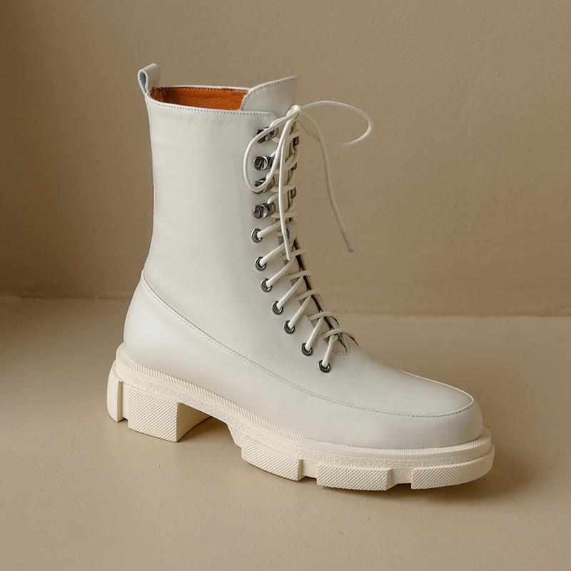 Зимние новые женские ботинки на шнуровке с круглым носком и толстой подошвой из натуральной кожи черного и белого цвета, универсальная обувь на платформе