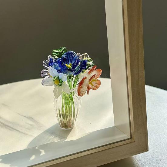 Handmade Glass Flower Decoration with Stem Hand-Blown Mini Floral Plants Figurine Home Living Room Office Table Flower Vase Ornament