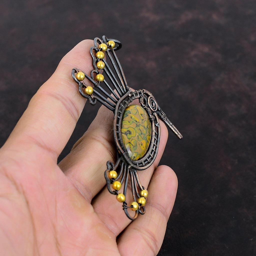 Кулон из фруктовой яшмы, медная проволока, кулон в виде птицы, кулон в виде птицы, медные украшения, кулон с драгоценным камнем, подарок для него, ювелирные изделия из проволочной обмотки ручной работы