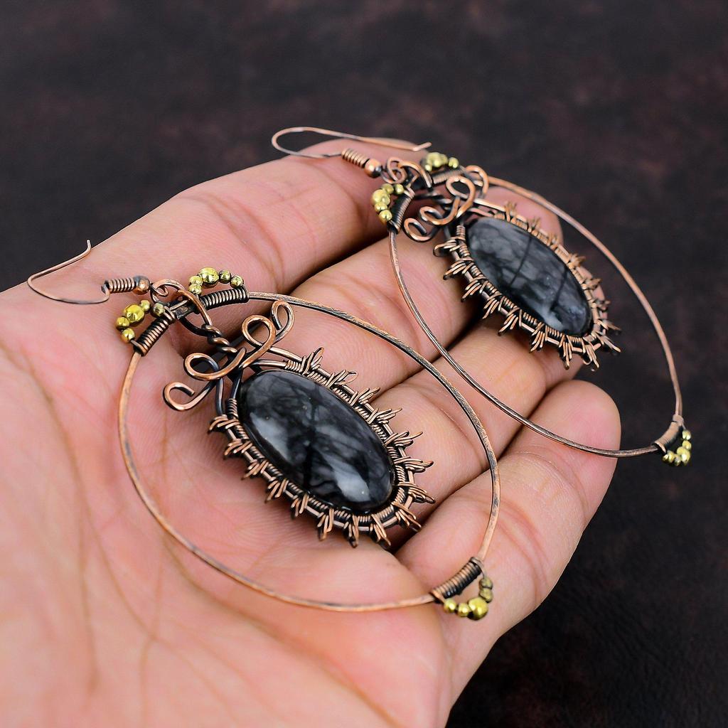 Серьги Picasso Jasper, медные серьги с проволокой, серьги с драгоценными камнями, медные украшения, изящные серьги для женщин, серьги ручной работы, подарок для мамы