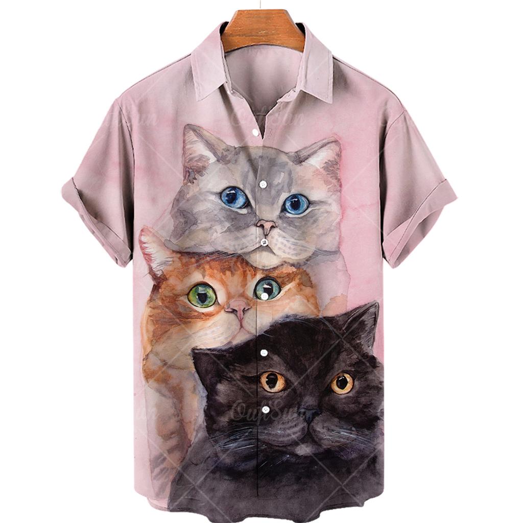 С милым принтом кота мужская рубашка забавные аниме коты мужская рубашка с воротником на пуговицах лацкан модная гавайская рубашка с коротким рукавом повседневная
