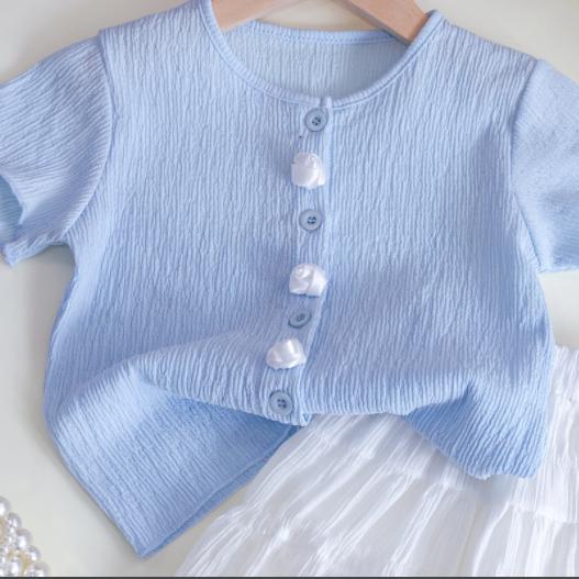 Комплект для девочек, летний новый детский топ с короткими рукавами, летняя полуюбка, комплект из двух предметов