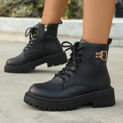 Мода Мода Пряжка Толстая Подошва Ботильоны Женские На Шнуровке Панк Мотоциклетные Ботинки Женские Искусственная Кожа Утепленные Плюшем Короткие Ботильоны Mujer