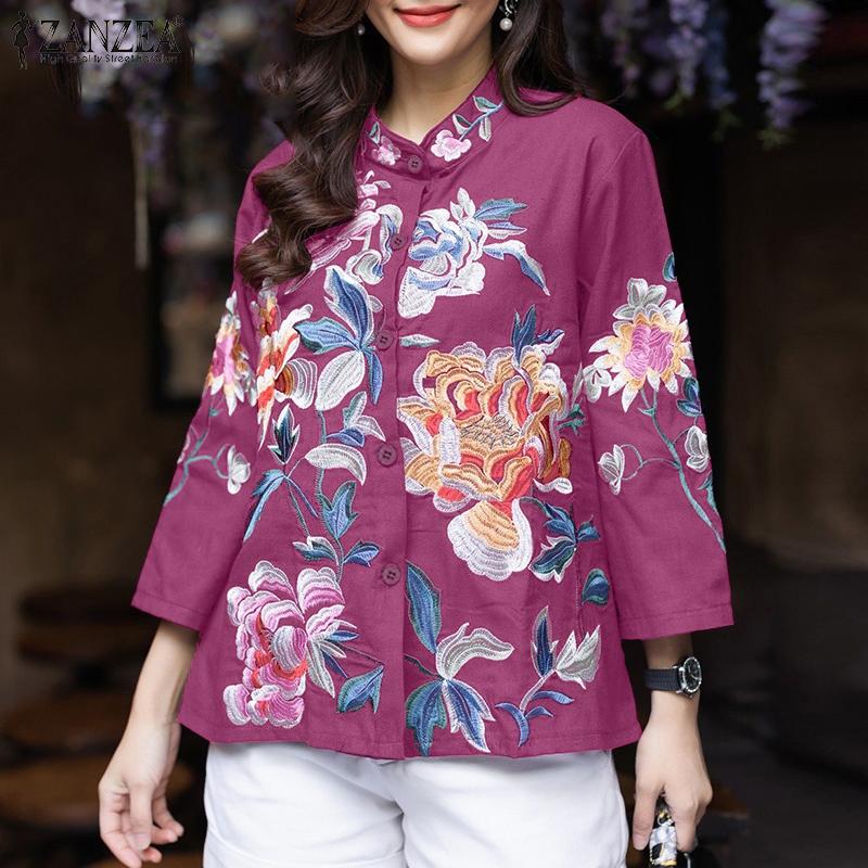 ZANZEA Women Stand Collar Loose Casual 3/4 Sleeve Floral Blouse