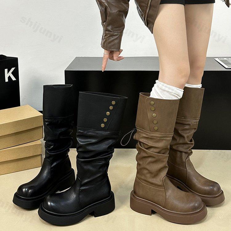 Сапоги до колена женские модные женские сапоги на пуговицах с низким каблуком рыцарские сапоги новые осенне-зимние женские длинные сапоги Zapatos De Mujer