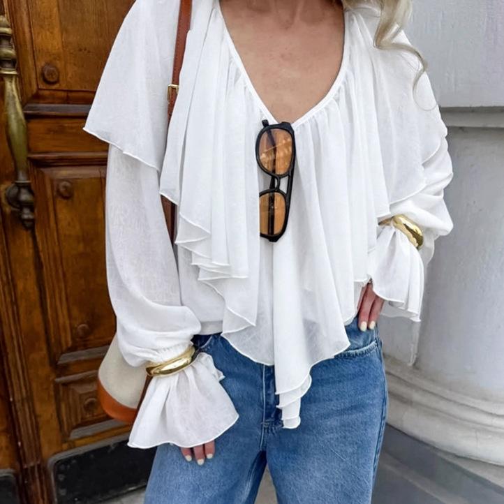 Ruffle edge chiffon top women's 1116 autumn fashion court style loose white V-neck French shirt medium and long