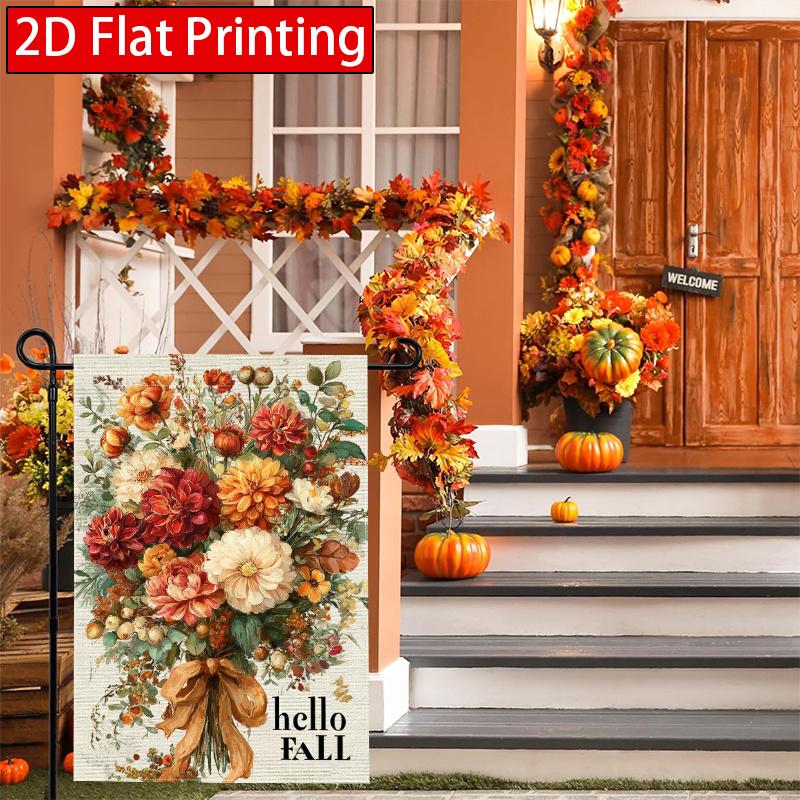 2D Flat - 2D Flat Thanksgiving Pumpkin Hello Fall Flower Garden Flag - 4-28 X 40 Inch Outdoor Garden Flag, Double-Sided Home Decoration Courtyard Deco