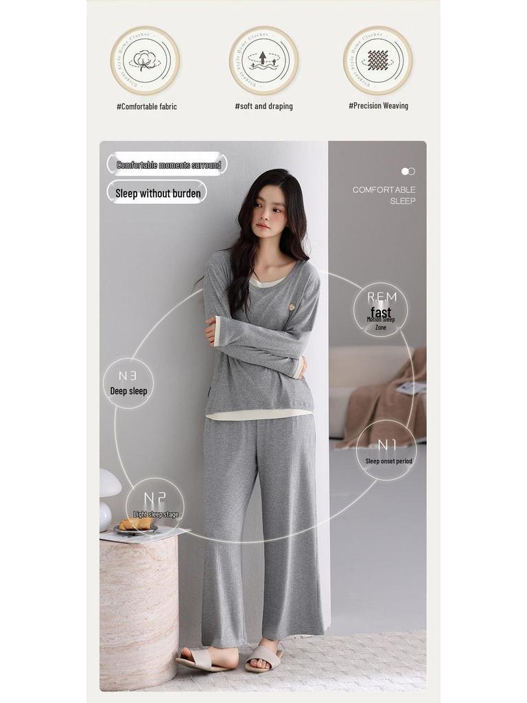 Women's Fall Pajama Set: Long Sleeve & Long Pants with Breast Pads, Modal Fabric, Wear Indoors or Outdoors