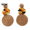 Lightweight Ear Accessories 1 Pair Raffia Flower Earrings for Women, Handmade Boho Rattan Soft Color Travel Round Drop Dangle Earrings, Woven
