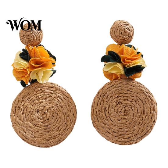 Lightweight Ear Accessories 1 Pair Raffia Flower Earrings for Women, Handmade Boho Rattan Soft Color Travel Round Drop Dangle Earrings, Woven