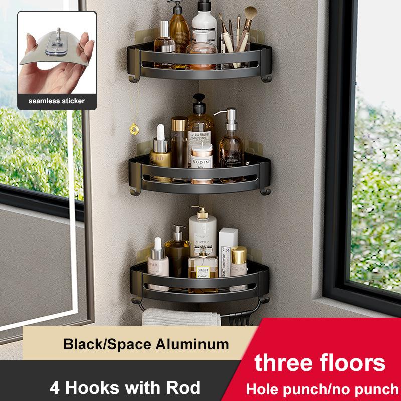 Bathroom Shelves No Drill Shampoo Storage Rack Wall Mounted Shower Corner Shelf Space Aluminum Kitchen Organizer Rack