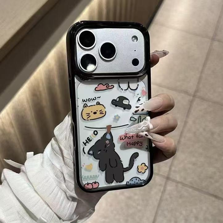 Чехол для телефона Graffiti Black Cat Apple 17ProMax, Черная рамка, Большое отверстие, Жесткий корпус, Совместим с 15, 14, 16Pro и 13.