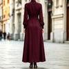 Женское длинное платье-макси с высокой талией, длинным рукавом, расклешенное, с воротником-стойкой и двойными разрезами