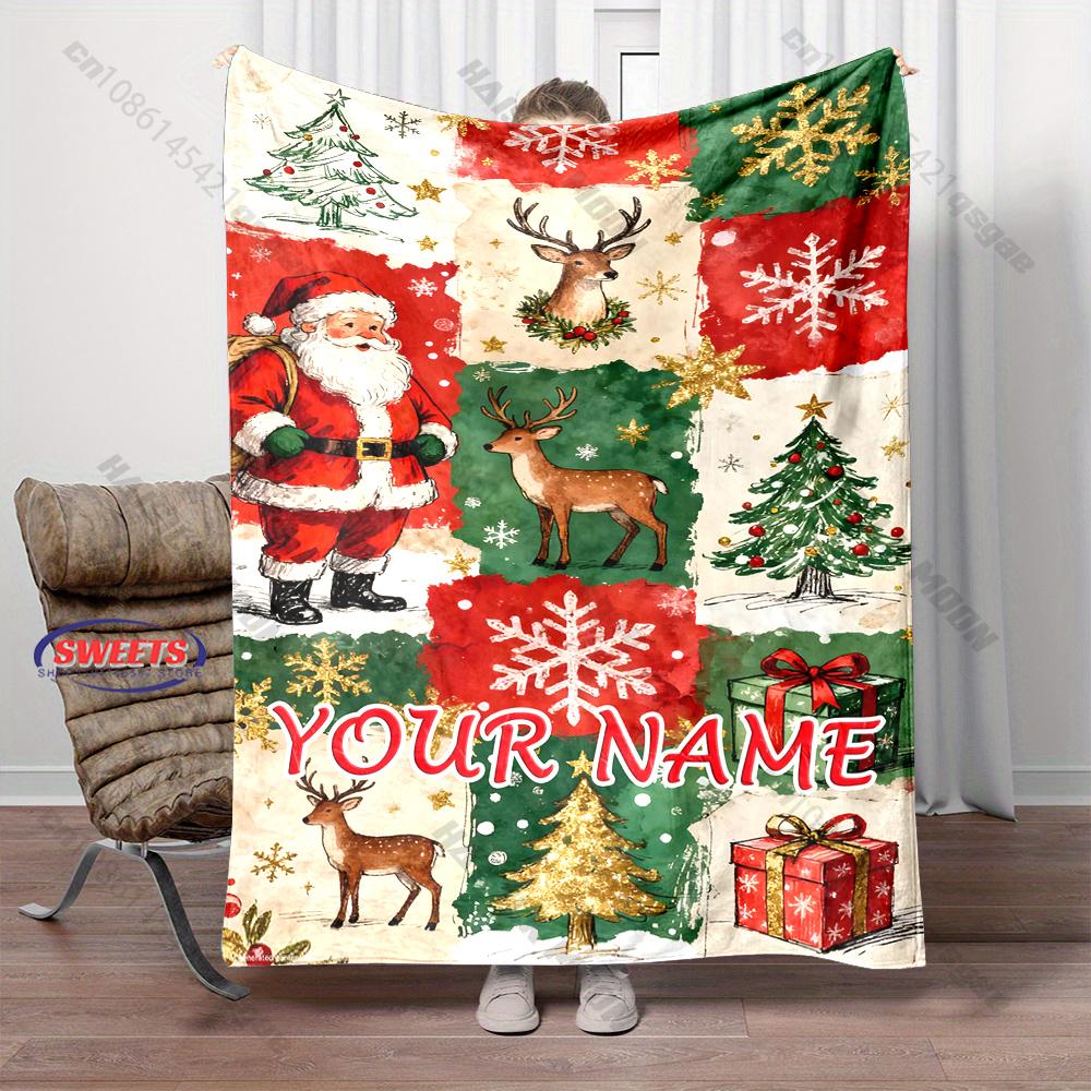 Custom Name Watercolor Patchwork Santa Reindeer Christmas Throw Blanket Snowflake Xmas Tree Sofa Blanket Home Sofa Bed Decor