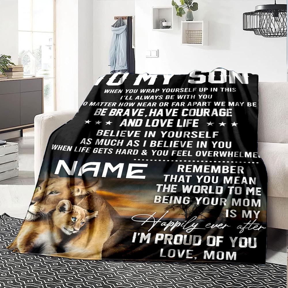 Lion Mom And Cub With Loving Message To Son Multipurpose Personalized Blanket Customize Your Name Warmthful Decor Perfect For Sofa Couch Office Bed