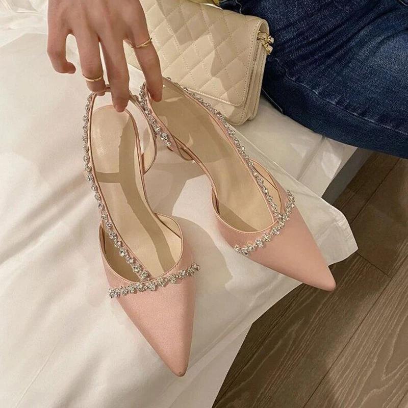 Роскошные женские туфли на высоком каблуке с острым носком, свадебные туфли, белые, черные, на шпильках, летние, со стразами, босоножки с открытой пяткой, женские
