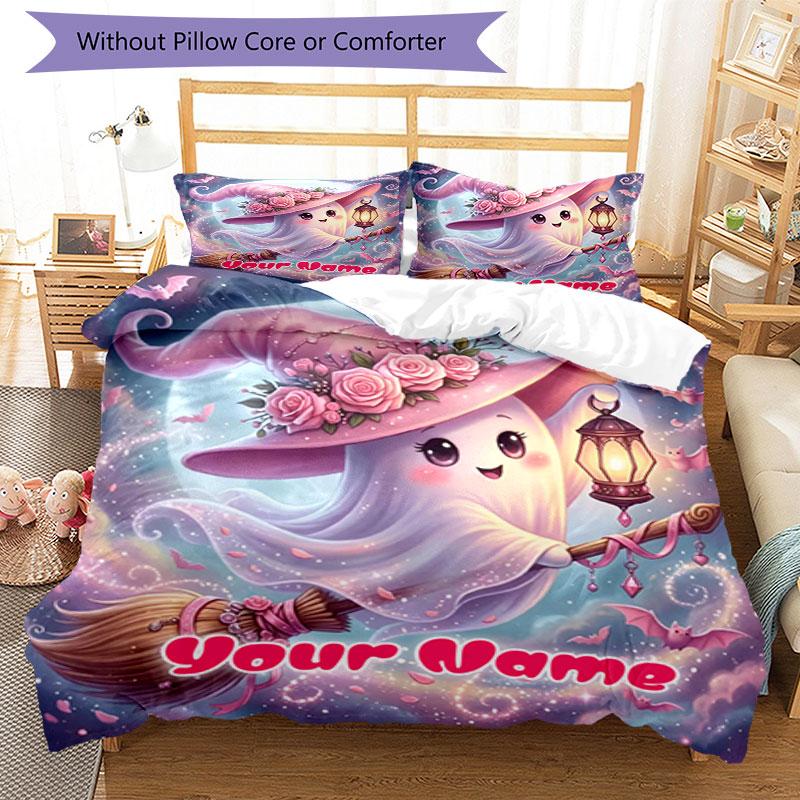 3PC Custom Name Ghostly Halloween Magic Bedding Set Printed Bedding Set Duvet Cover Closure Includes 1 Duvet Cover & 2 Pillowcases for All Seasons Bed