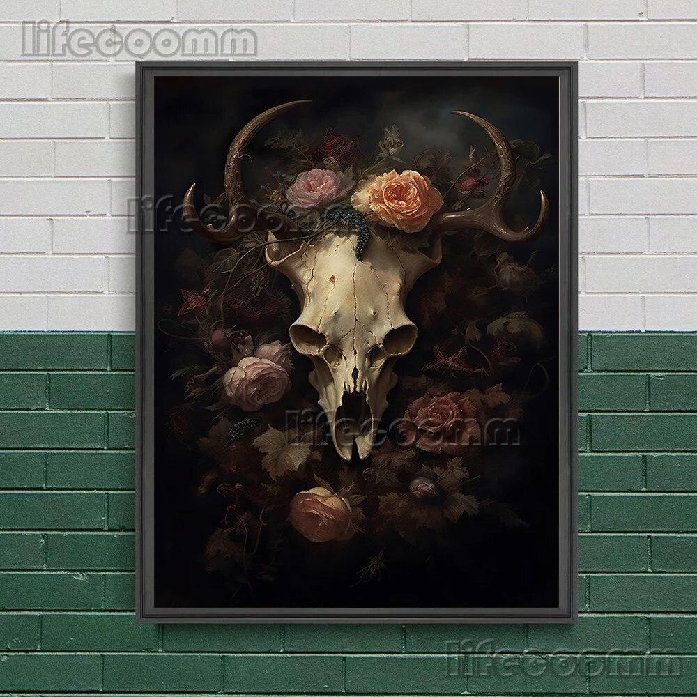 Черное сердце с кинжалом, винтажный настенный художественный постер, ботанический цветочный череп и готический мотылек, холст, картина, темный декор в стиле Cottagecore, без рамки