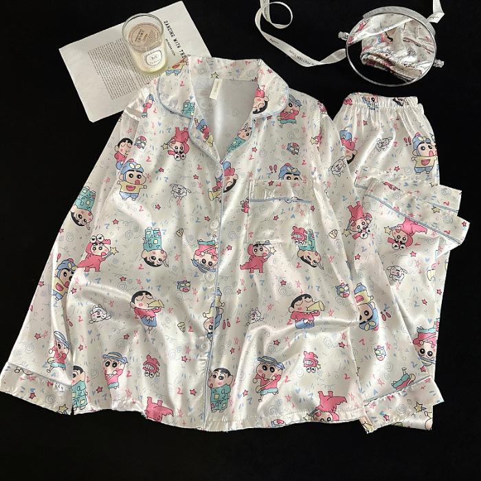 Korean version of the new spring and autumn long-sleeved ice silk pajamas for women, loose and thin cartoon loungewear, student silk suit for women