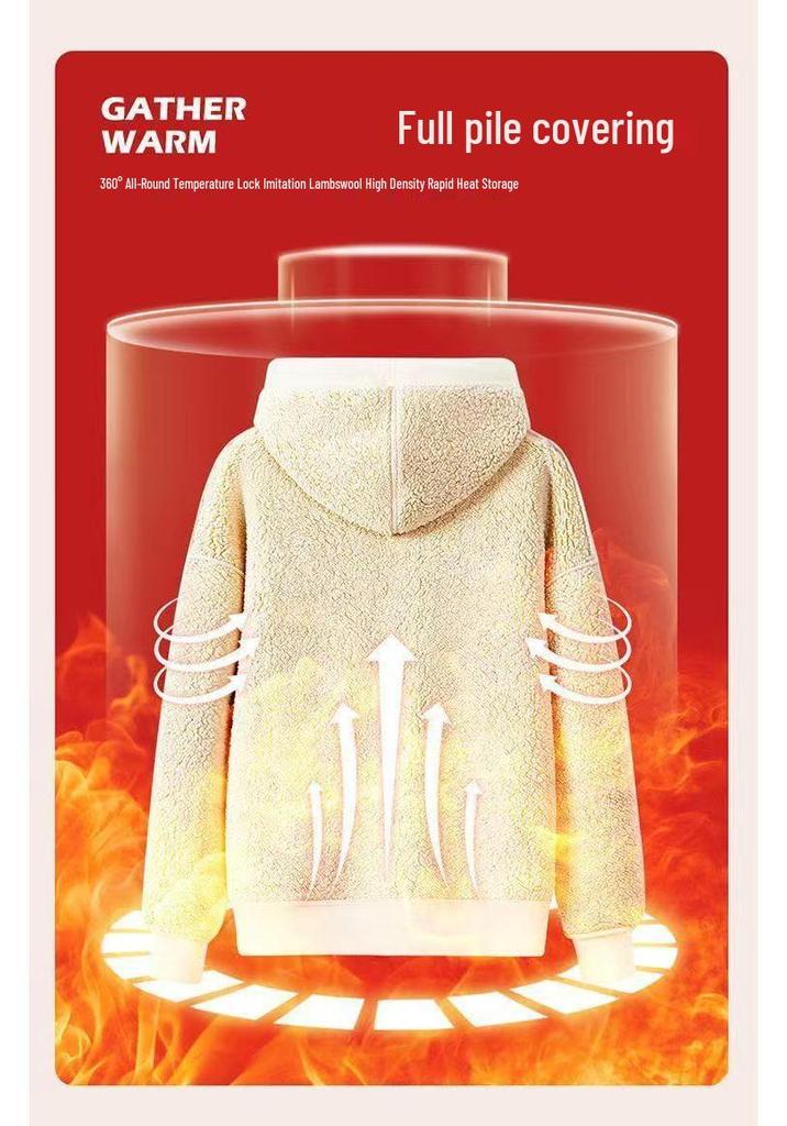 Men's Velvet-Lined Lambswool Hoodie - Warm, Loose, Casual Autumn/Winter Jacket
