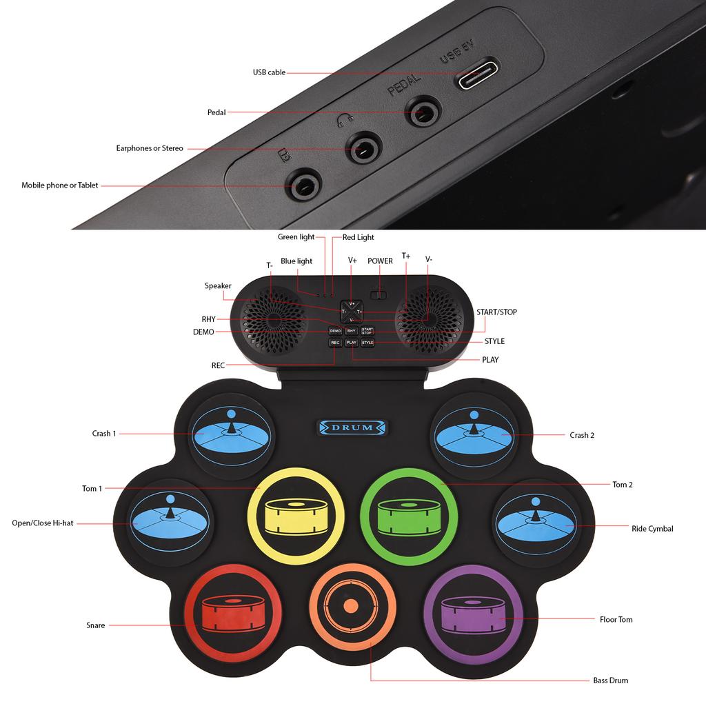 Electronic Drum Set Hand Roll Drum Set 9 Pads Supports DTX Gaming/BT Accompaniment with Dual