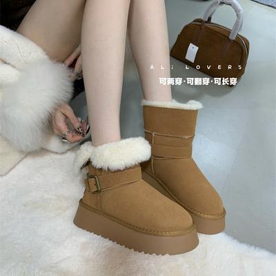 Женские зимние ботинки с круглым носком, толстой подошвой и ремешком с пряжкой, новая корейская версия модных универсальных двусторонних шлепанцев