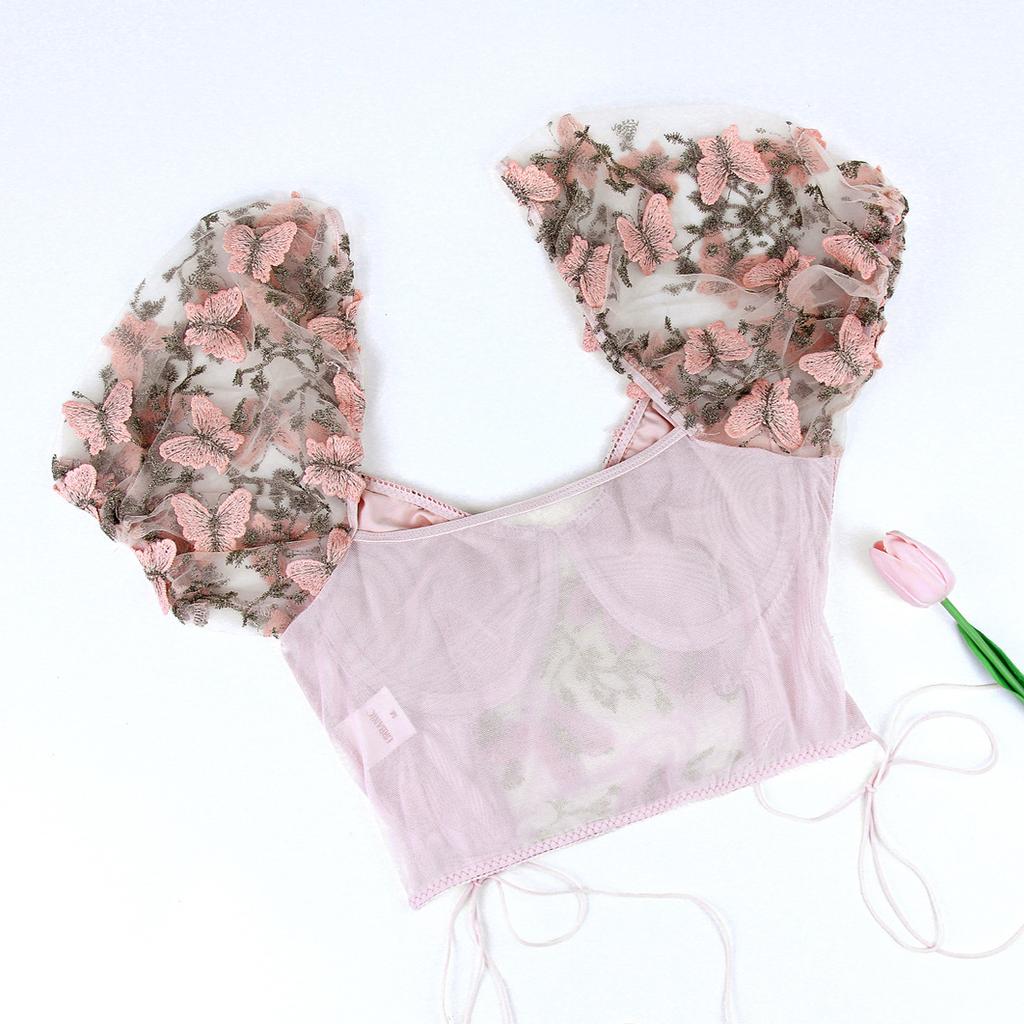 Casual V Neck  Shirt  Mesh Short Sleeve Crop Top Women Embroidered ButterflyT-shirt  Backless Tank Top Slim Female Crop Top Fashion Tee Shirt Y2k