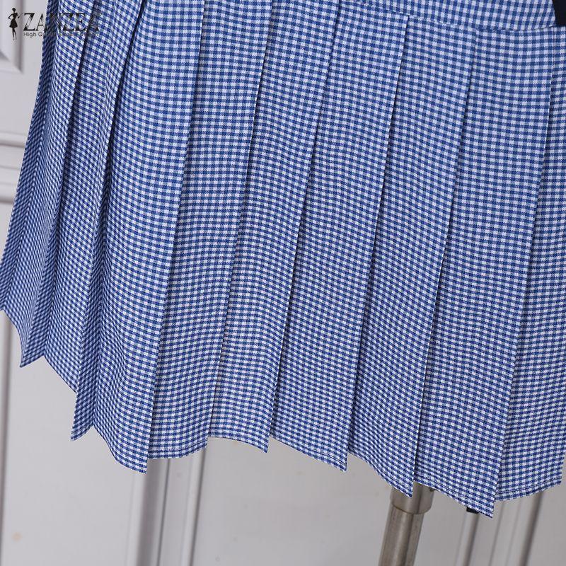 Casual Print Zanzea Plaid Women Round Neck Short Sleeve Dress