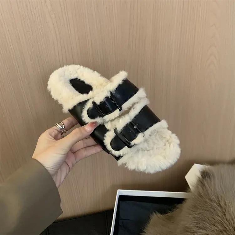 Женские тапочки, уличные шлепанцы, флок, платформа, меховые шлепанцы, 2024, плоская плюшевая осенняя ткань, римская обувь, домашняя обувь Med