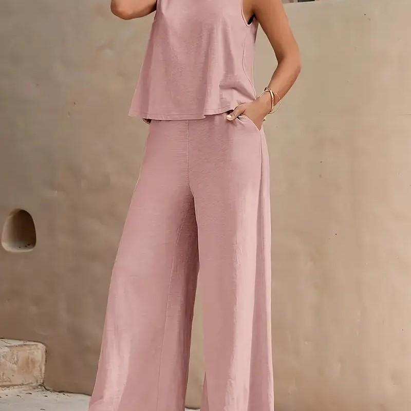 Women's Sleeveless Vest and Trousers Two Piece Set Solid Color Two Piece Round Neck Top Pants Suit Casual Set Vacation