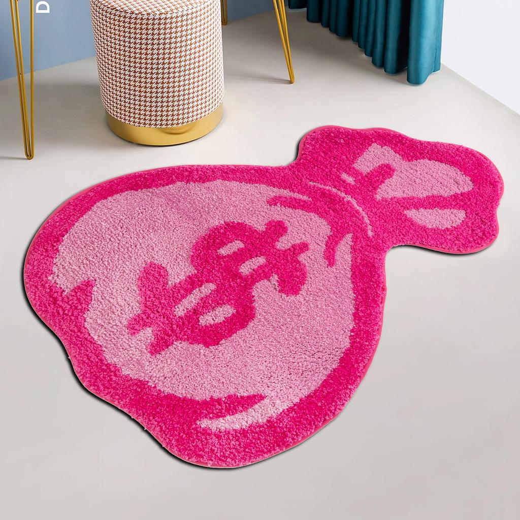 Kawaii Pink Cartoon Wallet Tufted Mat - Plush Shaggy Floor Rug for Bedroom/Gaming Room, Machine Washable Non-Slip Anime Decor with Irregular Shape